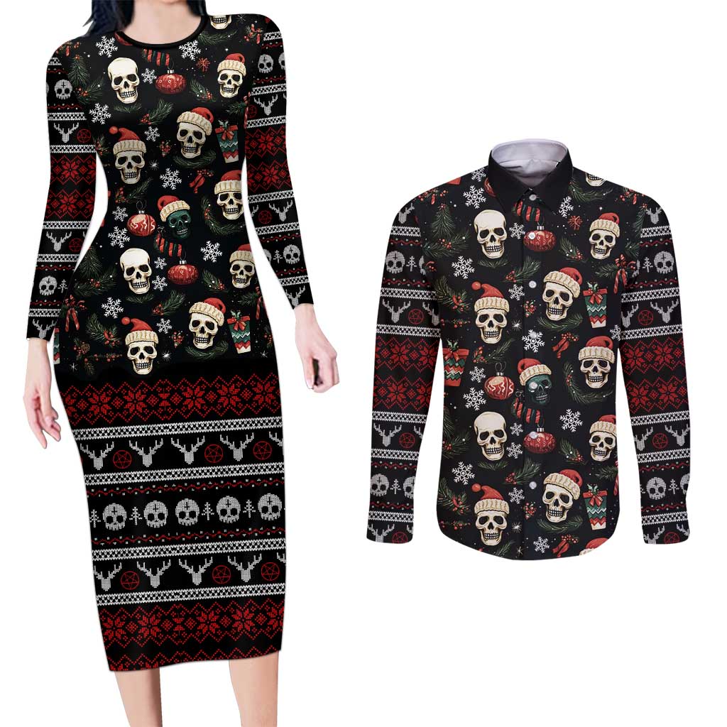 Skull Face Christmas Couples Matching Long Sleeve Bodycon Dress and Long Sleeve Button Shirt Xmas Holiday Patterns - Wonder Print Shop