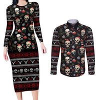 Skull Face Christmas Couples Matching Long Sleeve Bodycon Dress and Long Sleeve Button Shirt Xmas Holiday Patterns - Wonder Print Shop