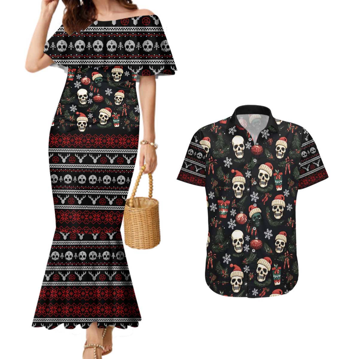 Skull Face Christmas Couples Matching Mermaid Dress and Hawaiian Shirt Xmas Holiday Patterns - Wonder Print Shop