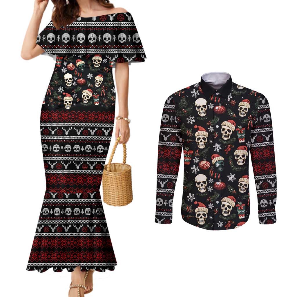 Skull Face Christmas Couples Matching Mermaid Dress and Long Sleeve Button Shirt Xmas Holiday Patterns - Wonder Print Shop