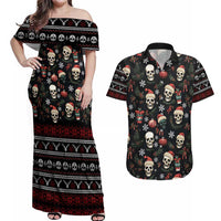 Skull Face Christmas Couples Matching Off Shoulder Maxi Dress and Hawaiian Shirt Xmas Holiday Patterns - Wonder Print Shop