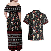 Skull Face Christmas Couples Matching Off Shoulder Maxi Dress and Hawaiian Shirt Xmas Holiday Patterns - Wonder Print Shop