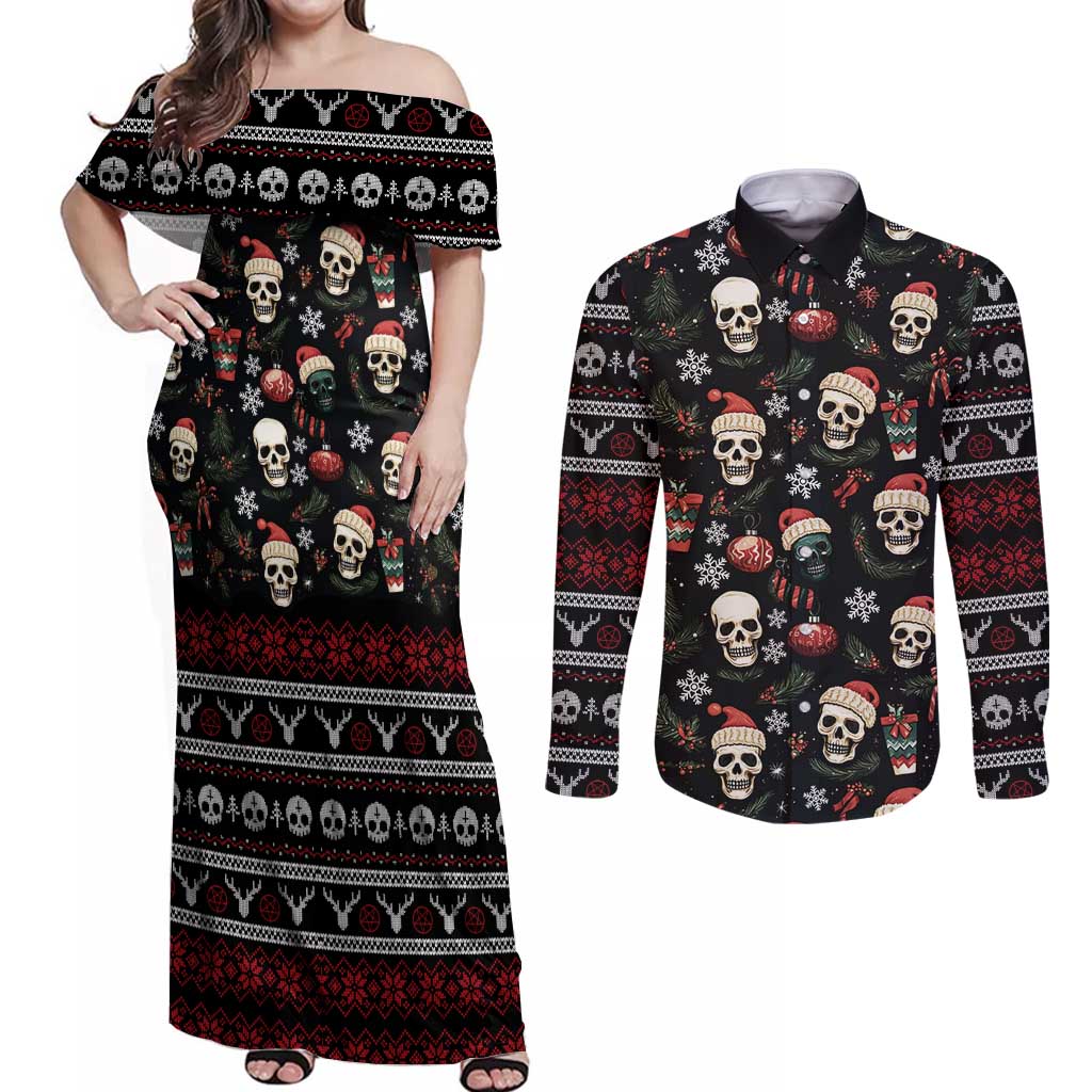 Skull Face Christmas Couples Matching Off Shoulder Maxi Dress and Long Sleeve Button Shirt Xmas Holiday Patterns - Wonder Print Shop