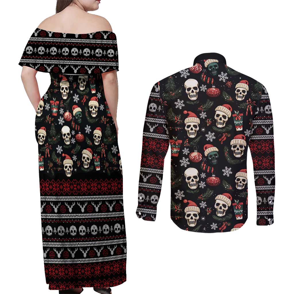 Skull Face Christmas Couples Matching Off Shoulder Maxi Dress and Long Sleeve Button Shirt Xmas Holiday Patterns - Wonder Print Shop