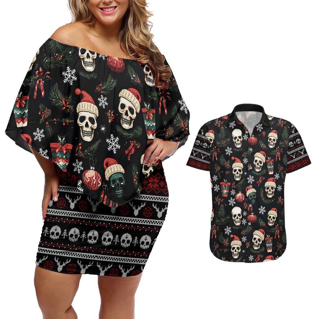 Skull Face Christmas Couples Matching Off Shoulder Short Dress and Hawaiian Shirt Xmas Holiday Patterns - Wonder Print Shop