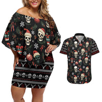 Skull Face Christmas Couples Matching Off Shoulder Short Dress and Hawaiian Shirt Xmas Holiday Patterns - Wonder Print Shop