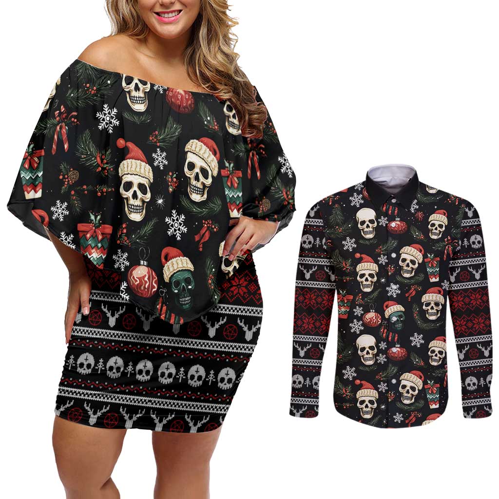 Skull Face Christmas Couples Matching Off Shoulder Short Dress and Long Sleeve Button Shirt Xmas Holiday Patterns - Wonder Print Shop
