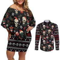 Skull Face Christmas Couples Matching Off Shoulder Short Dress and Long Sleeve Button Shirt Xmas Holiday Patterns - Wonder Print Shop