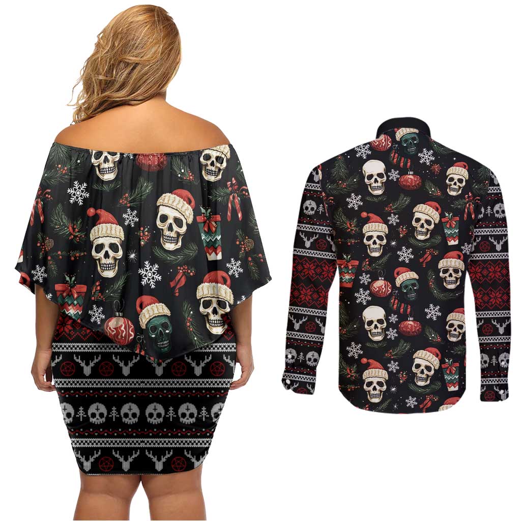 Skull Face Christmas Couples Matching Off Shoulder Short Dress and Long Sleeve Button Shirt Xmas Holiday Patterns - Wonder Print Shop