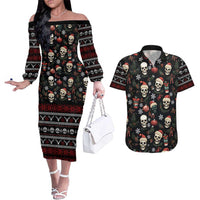 Skull Face Christmas Couples Matching Off The Shoulder Long Sleeve Dress and Hawaiian Shirt Xmas Holiday Patterns - Wonder Print Shop