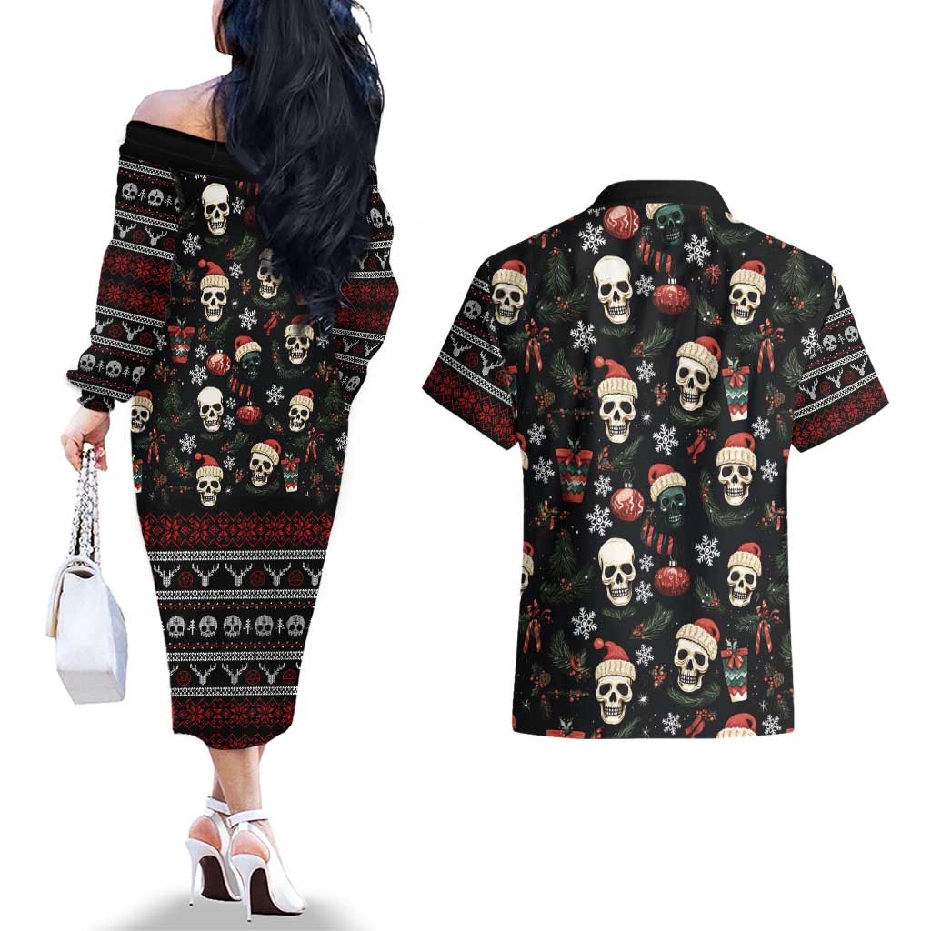 Skull Face Christmas Couples Matching Off The Shoulder Long Sleeve Dress and Hawaiian Shirt Xmas Holiday Patterns - Wonder Print Shop