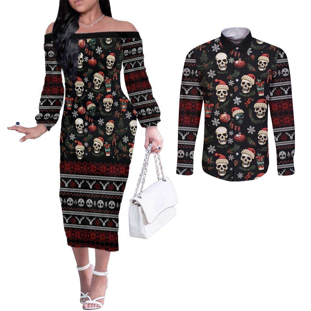 Skull Face Christmas Couples Matching Off The Shoulder Long Sleeve Dress and Long Sleeve Button Shirt Xmas Holiday Patterns - Wonder Print Shop