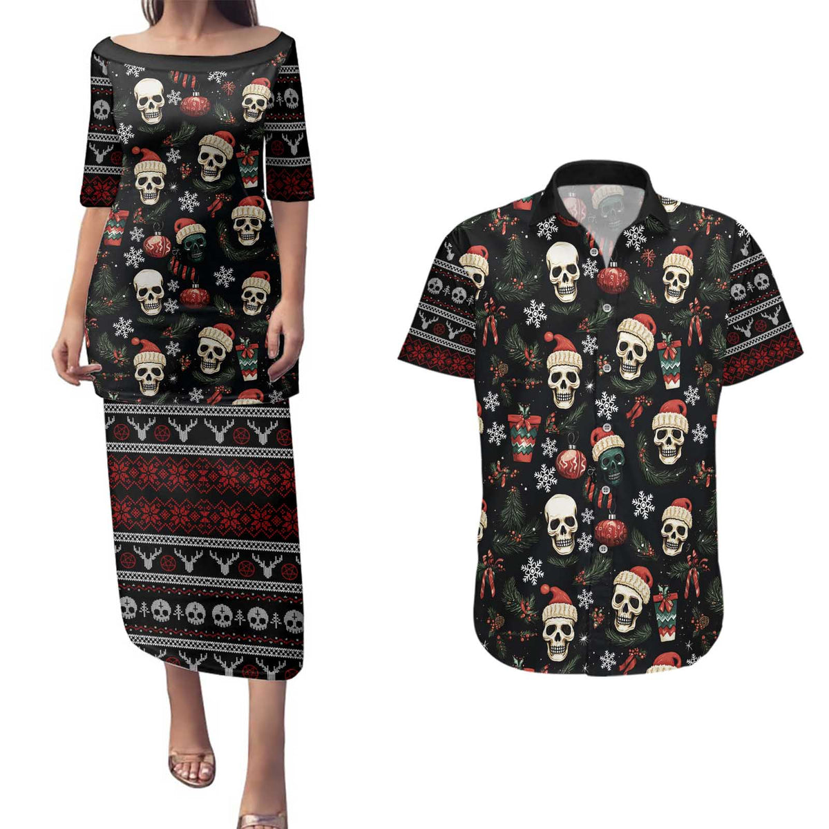 Skull Face Christmas Couples Matching Puletasi and Hawaiian Shirt Xmas Holiday Patterns - Wonder Print Shop