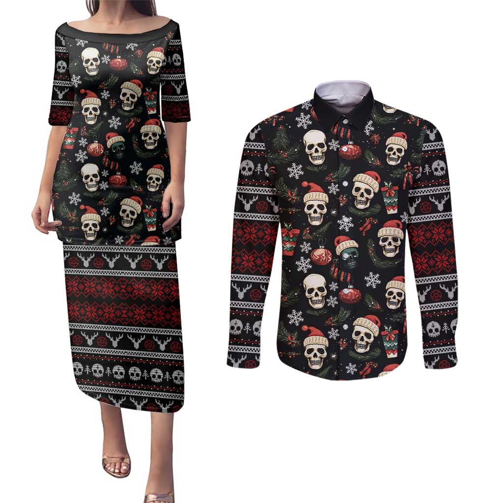 Skull Face Christmas Couples Matching Puletasi and Long Sleeve Button Shirt Xmas Holiday Patterns - Wonder Print Shop