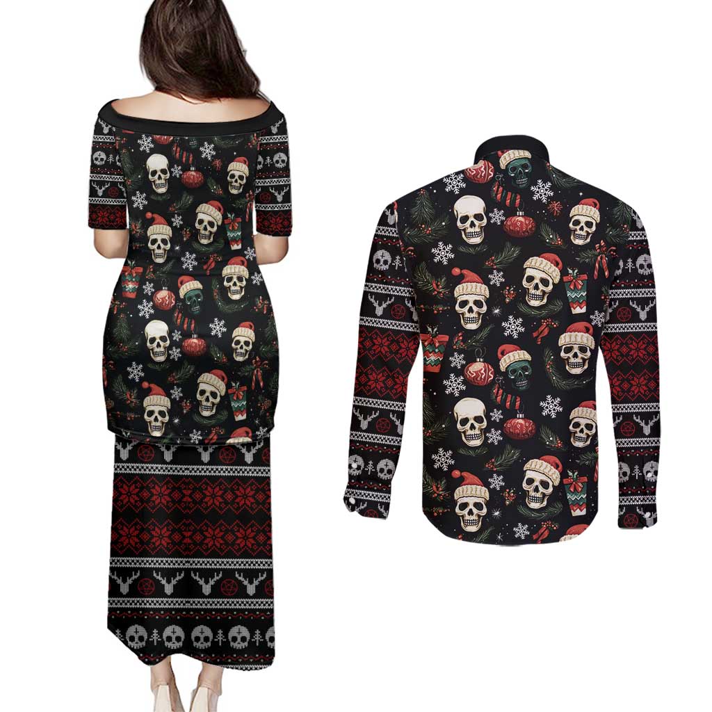 Skull Face Christmas Couples Matching Puletasi and Long Sleeve Button Shirt Xmas Holiday Patterns - Wonder Print Shop