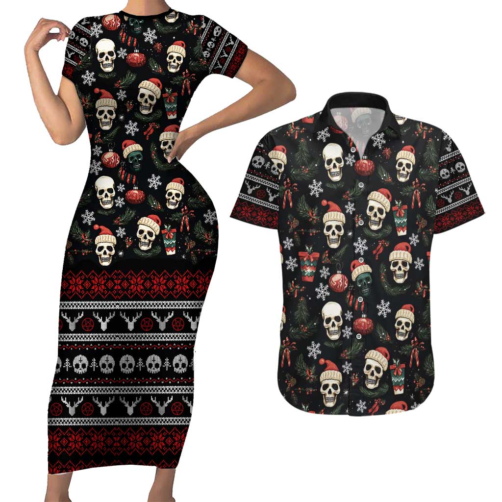 Skull Face Christmas Couples Matching Short Sleeve Bodycon Dress and Hawaiian Shirt Xmas Holiday Patterns - Wonder Print Shop