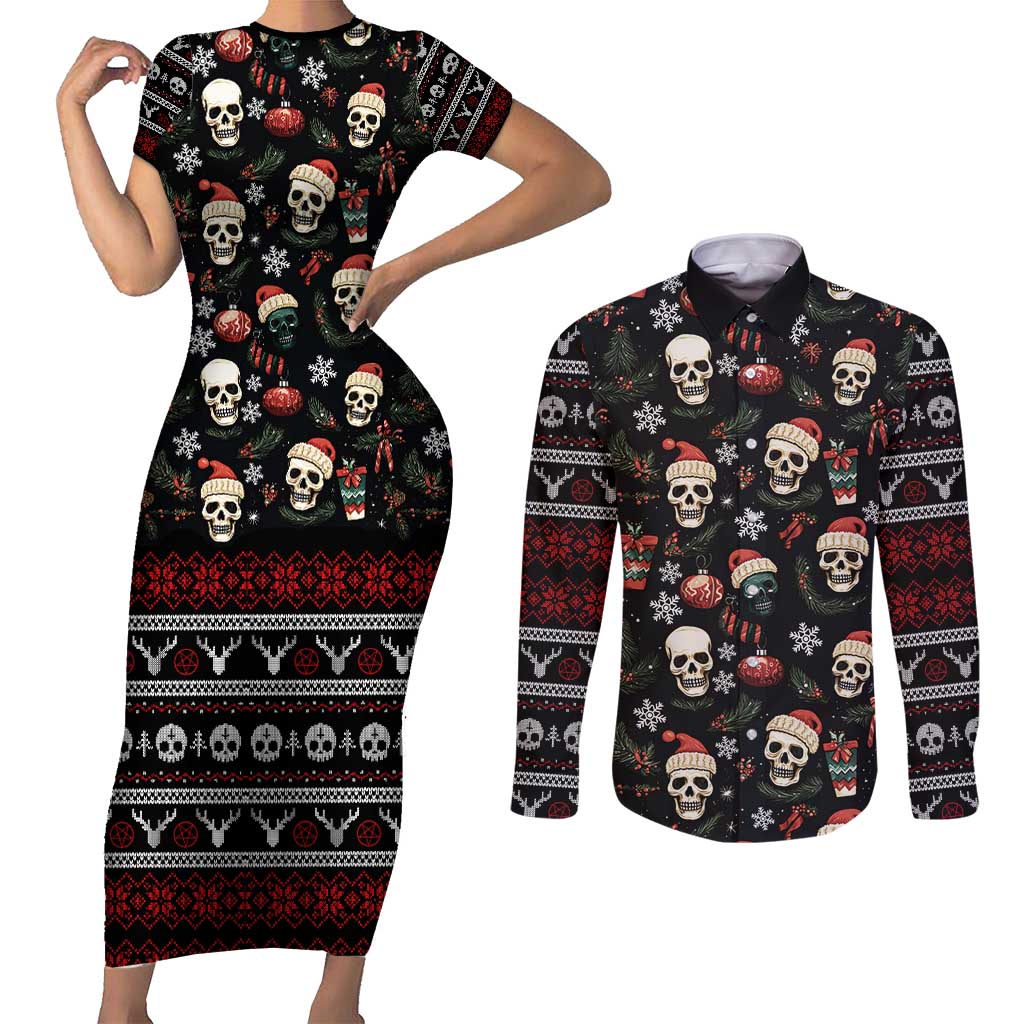 Skull Face Christmas Couples Matching Short Sleeve Bodycon Dress and Long Sleeve Button Shirt Xmas Holiday Patterns - Wonder Print Shop