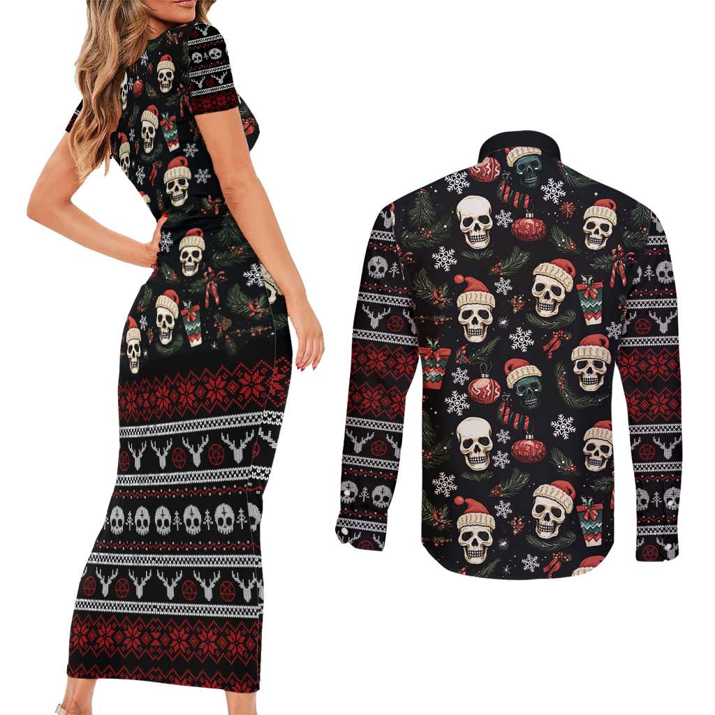 Skull Face Christmas Couples Matching Short Sleeve Bodycon Dress and Long Sleeve Button Shirt Xmas Holiday Patterns - Wonder Print Shop