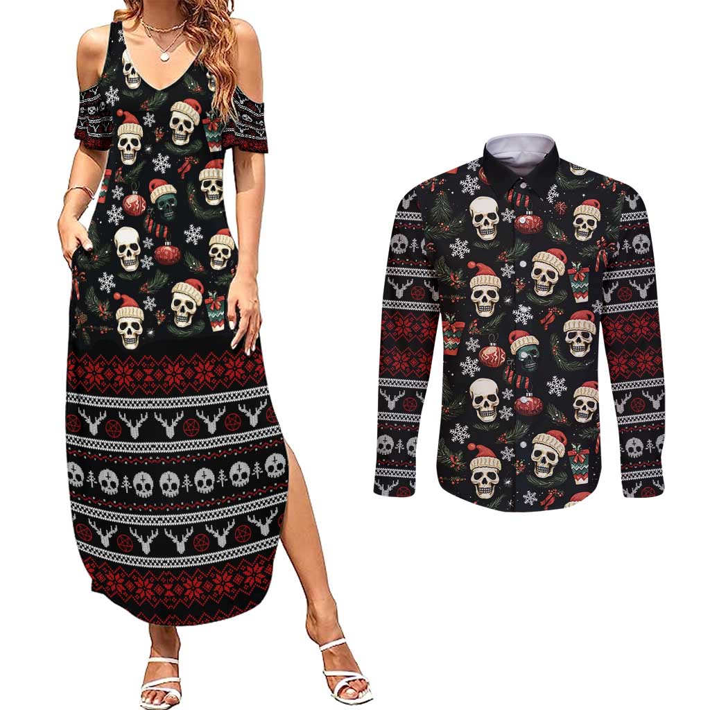 Skull Face Christmas Couples Matching Summer Maxi Dress and Long Sleeve Button Shirt Xmas Holiday Patterns - Wonder Print Shop