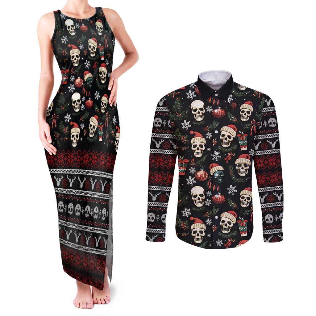 Skull Face Christmas Couples Matching Tank Maxi Dress and Long Sleeve Button Shirt Xmas Holiday Patterns - Wonder Print Shop