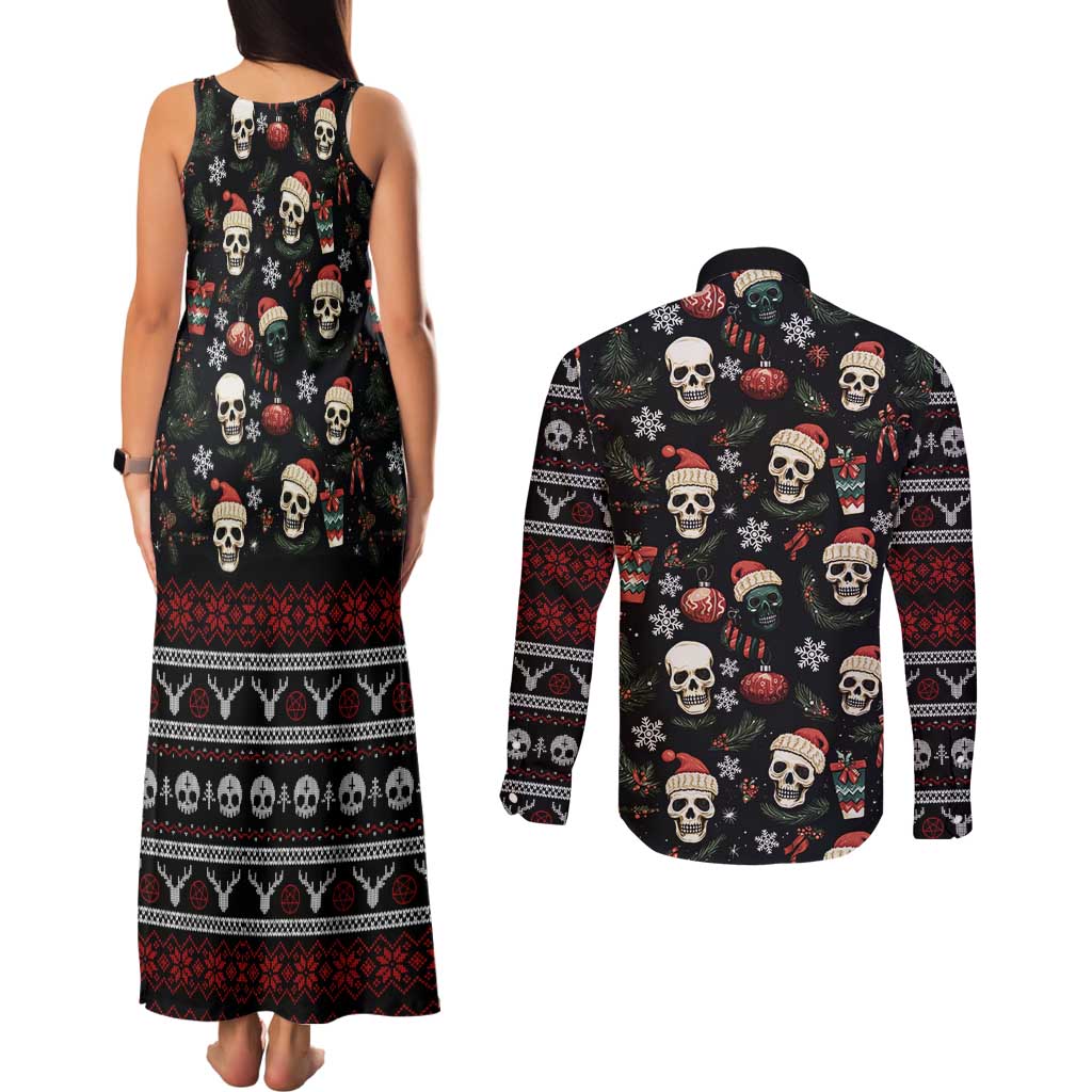 Skull Face Christmas Couples Matching Tank Maxi Dress and Long Sleeve Button Shirt Xmas Holiday Patterns - Wonder Print Shop
