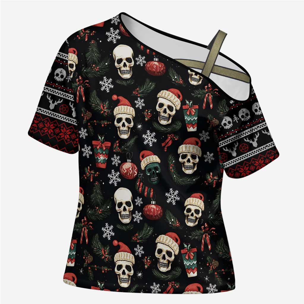 Skull Face Christmas Cross Shoulder Shirt Xmas Holiday Patterns - Wonder Print Shop
