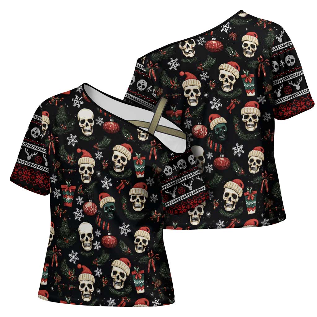 Skull Face Christmas Cross Shoulder Shirt Xmas Holiday Patterns - Wonder Print Shop