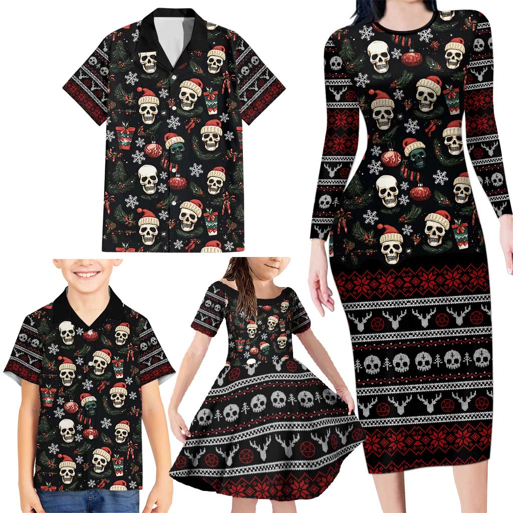 Skull Face Christmas Family Matching Long Sleeve Bodycon Dress and Hawaiian Shirt Xmas Holiday Patterns - Wonder Print Shop