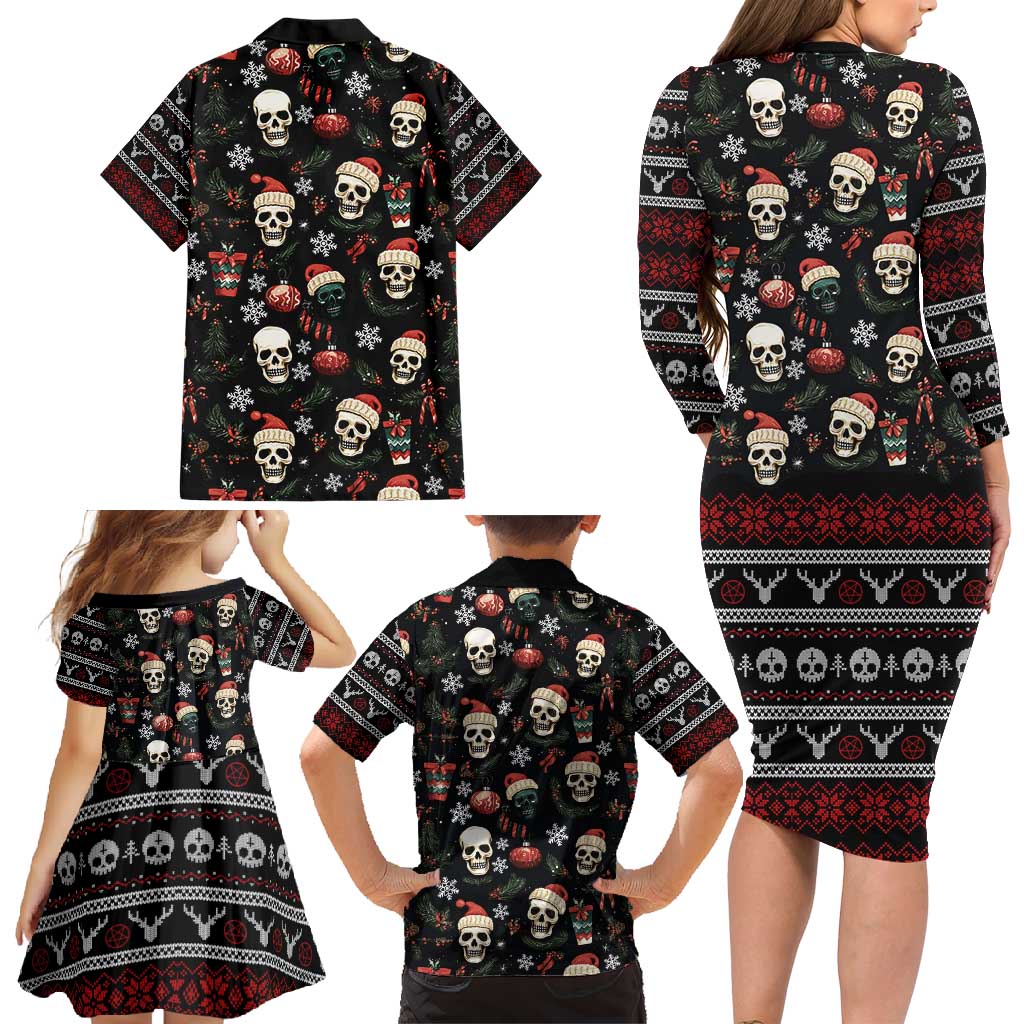 Skull Face Christmas Family Matching Long Sleeve Bodycon Dress and Hawaiian Shirt Xmas Holiday Patterns - Wonder Print Shop