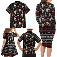 Skull Face Christmas Family Matching Long Sleeve Bodycon Dress and Hawaiian Shirt Xmas Holiday Patterns - Wonder Print Shop