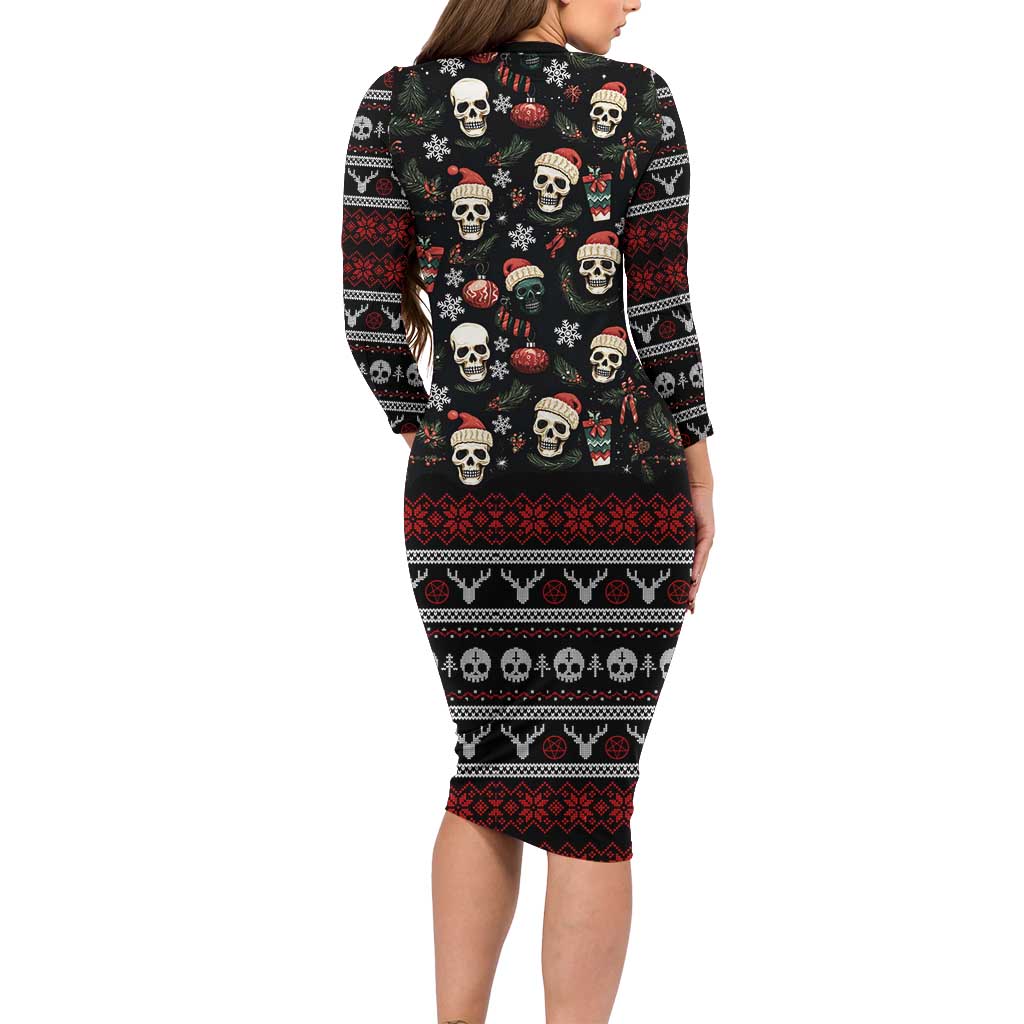 Skull Face Christmas Family Matching Long Sleeve Bodycon Dress and Hawaiian Shirt Xmas Holiday Patterns - Wonder Print Shop