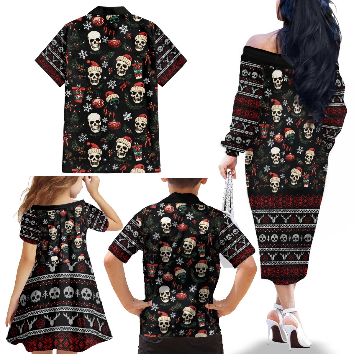 Skull Face Christmas Family Matching Off The Shoulder Long Sleeve Dress and Hawaiian Shirt Xmas Holiday Patterns - Wonder Print Shop