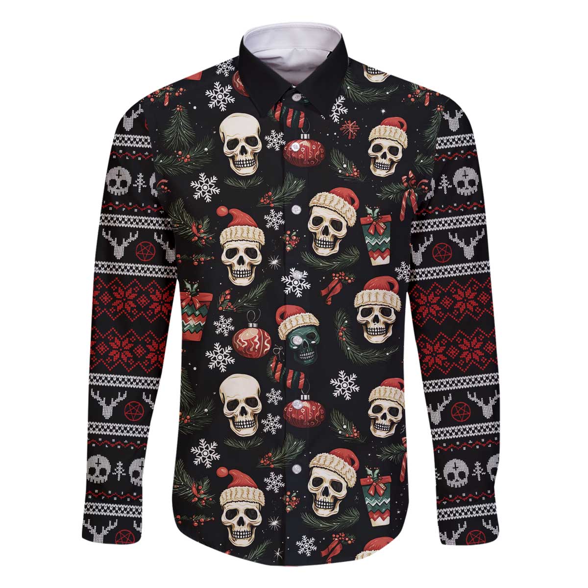 Skull Face Christmas Family Matching Off The Shoulder Long Sleeve Dress and Hawaiian Shirt Xmas Holiday Patterns - Wonder Print Shop