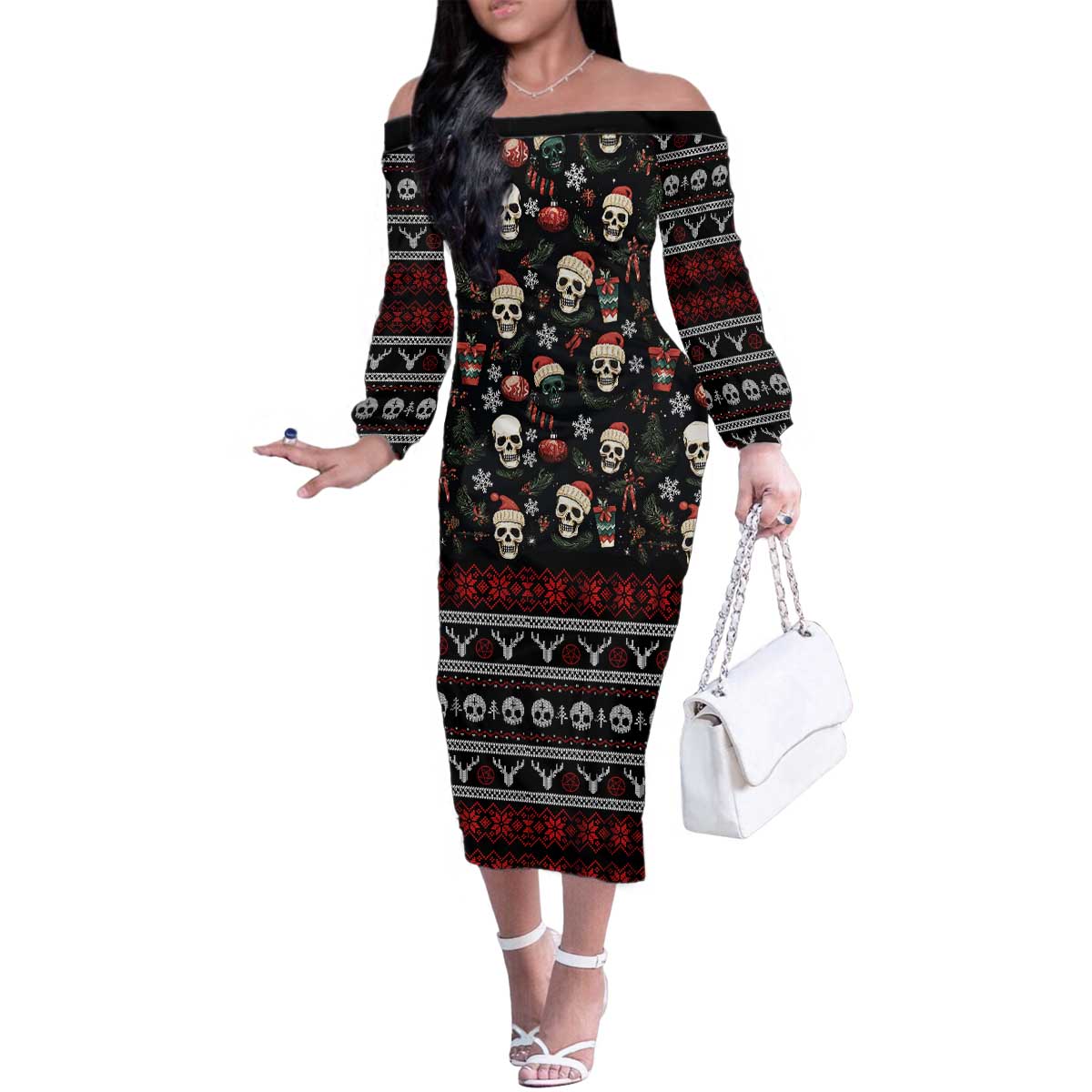 Skull Face Christmas Family Matching Off The Shoulder Long Sleeve Dress and Hawaiian Shirt Xmas Holiday Patterns - Wonder Print Shop