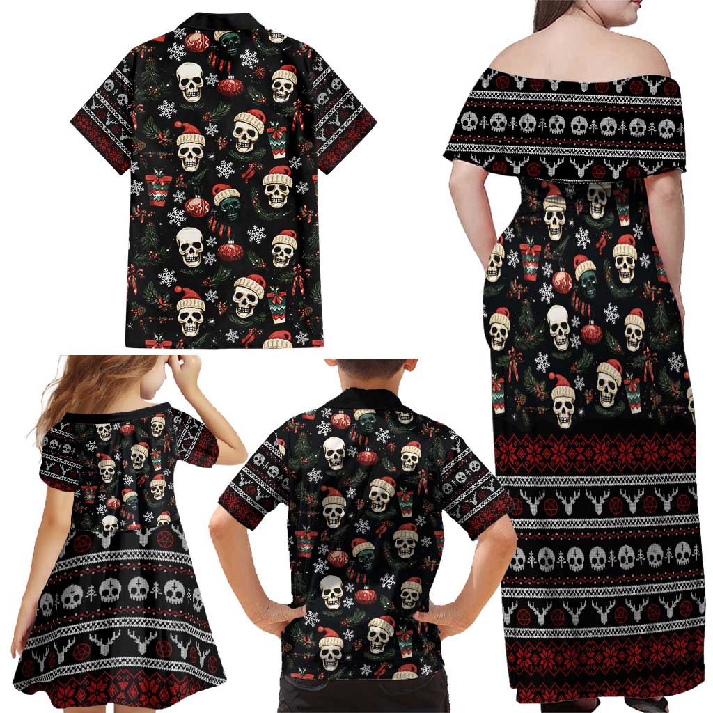 Skull Face Christmas Family Matching Off Shoulder Maxi Dress and Hawaiian Shirt Xmas Holiday Patterns - Wonder Print Shop