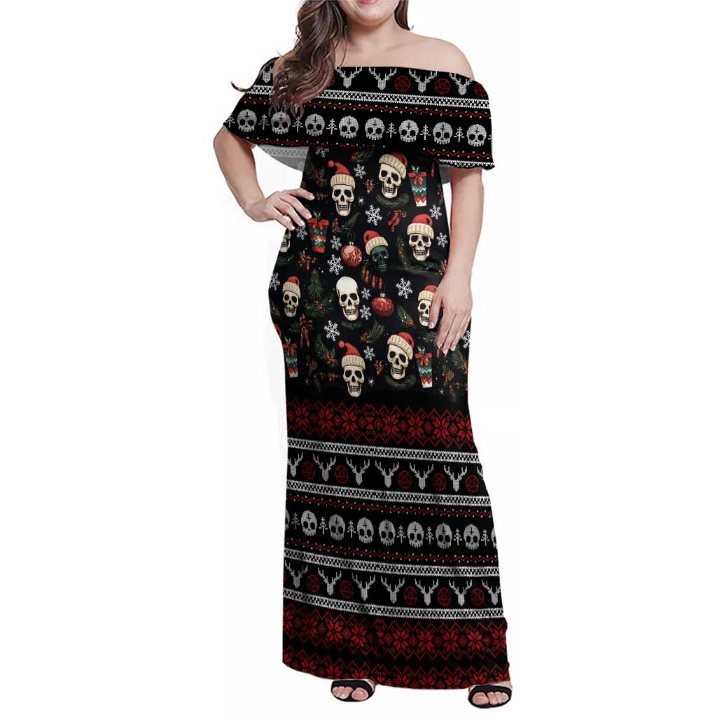 Skull Face Christmas Family Matching Off Shoulder Maxi Dress and Hawaiian Shirt Xmas Holiday Patterns - Wonder Print Shop