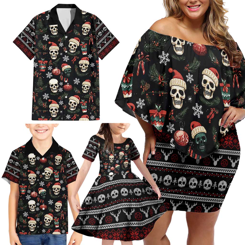 Skull Face Christmas Family Matching Off Shoulder Short Dress and Hawaiian Shirt Xmas Holiday Patterns - Wonder Print Shop