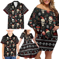 Skull Face Christmas Family Matching Off Shoulder Short Dress and Hawaiian Shirt Xmas Holiday Patterns - Wonder Print Shop