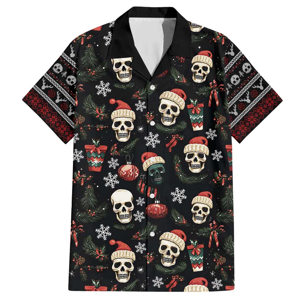 Skull Face Christmas Family Matching Off Shoulder Short Dress and Hawaiian Shirt Xmas Holiday Patterns - Wonder Print Shop