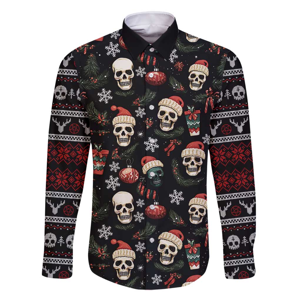 Skull Face Christmas Family Matching Off Shoulder Short Dress and Hawaiian Shirt Xmas Holiday Patterns - Wonder Print Shop