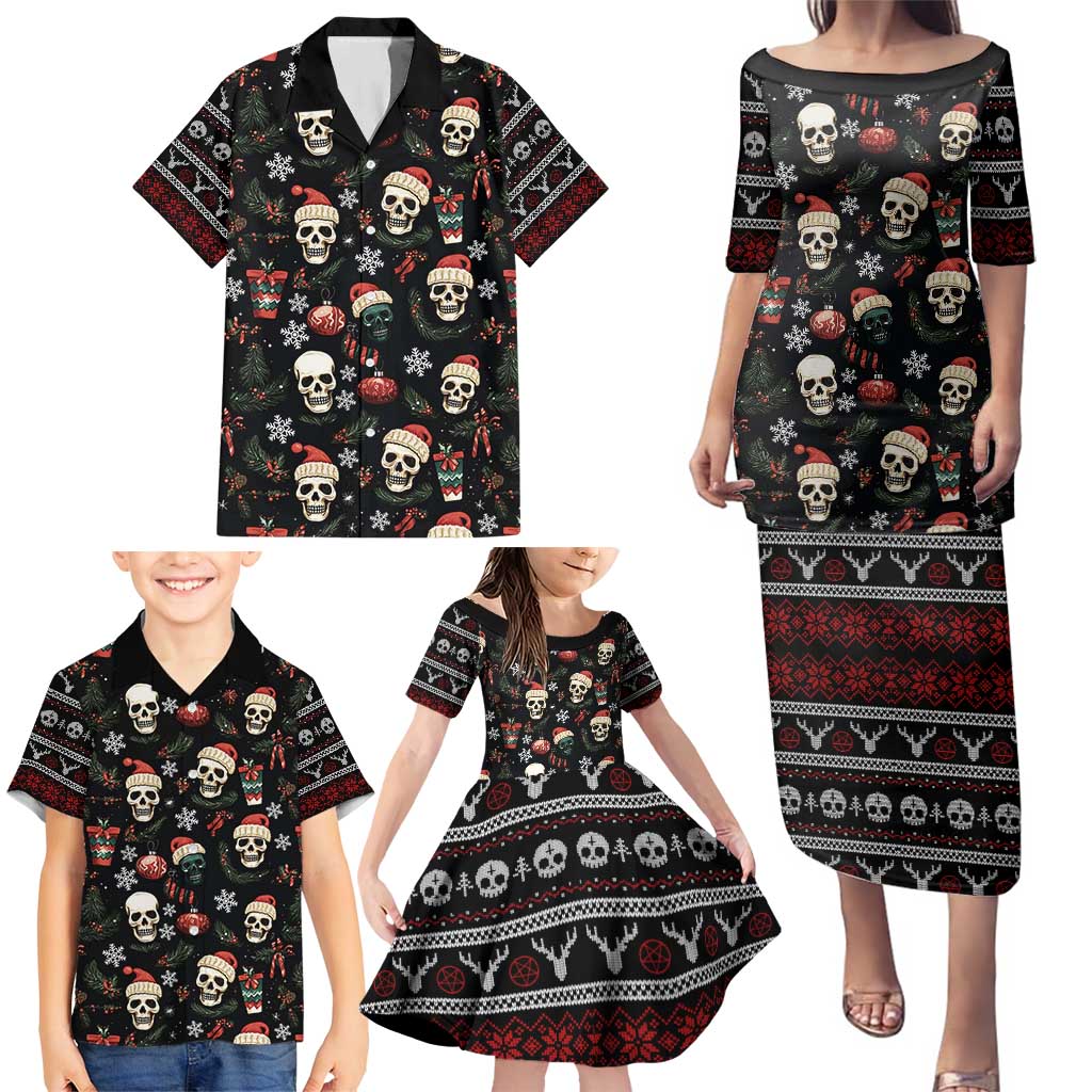 Skull Face Christmas Family Matching Puletasi and Hawaiian Shirt Xmas Holiday Patterns - Wonder Print Shop