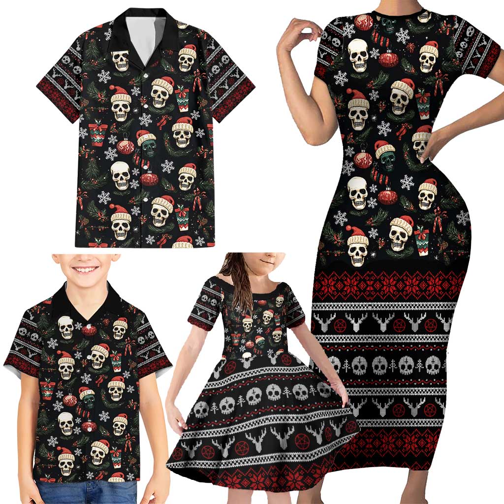 Skull Face Christmas Family Matching Short Sleeve Bodycon Dress and Hawaiian Shirt Xmas Holiday Patterns - Wonder Print Shop