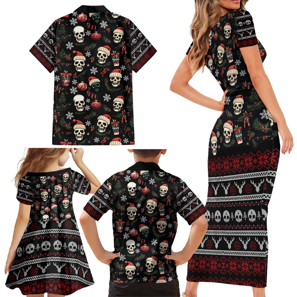 Skull Face Christmas Family Matching Short Sleeve Bodycon Dress and Hawaiian Shirt Xmas Holiday Patterns - Wonder Print Shop