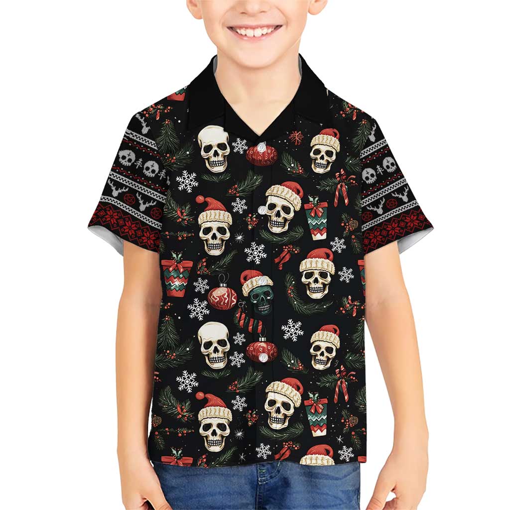Skull Face Christmas Family Matching Short Sleeve Bodycon Dress and Hawaiian Shirt Xmas Holiday Patterns - Wonder Print Shop
