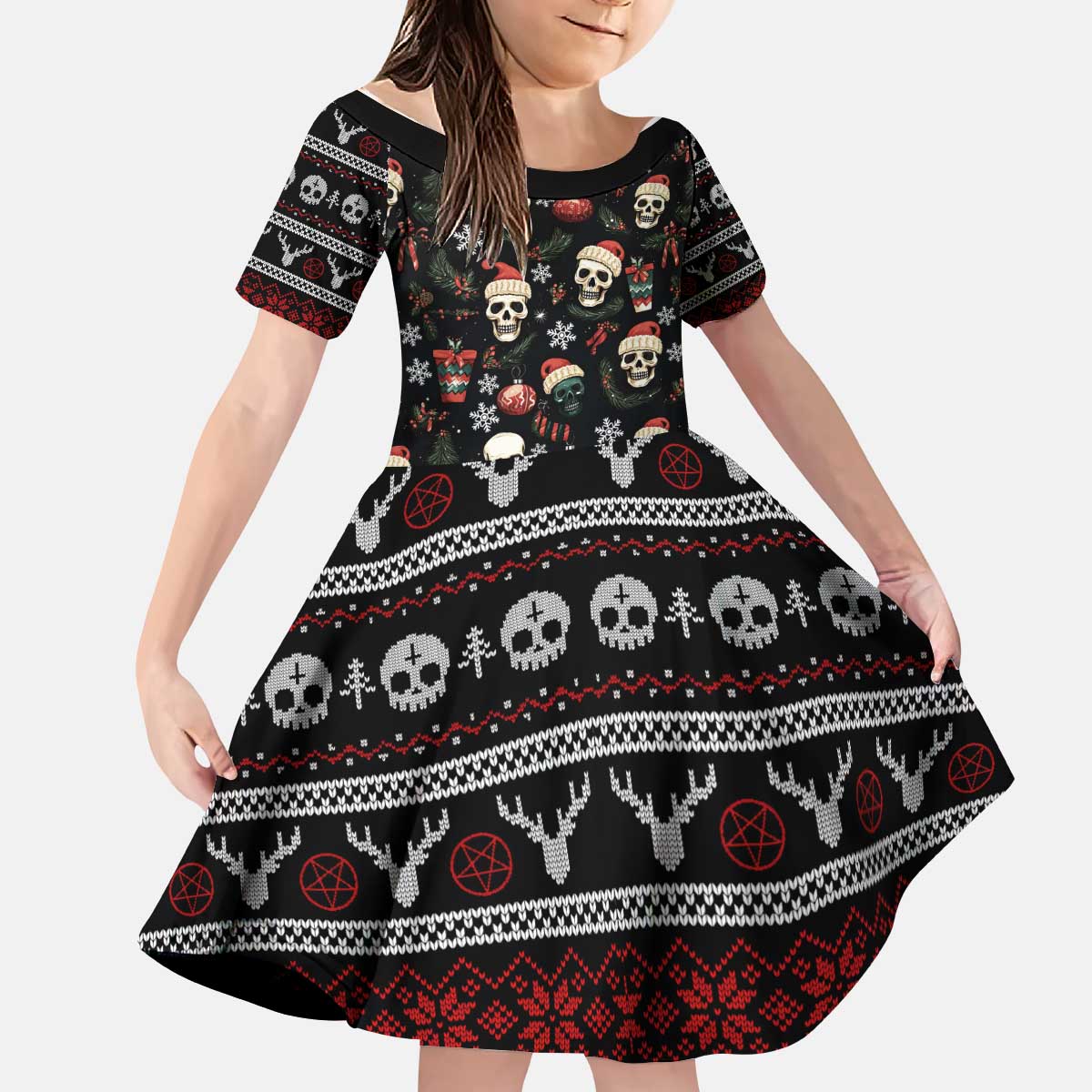 Skull Face Christmas Kid Short Sleeve Dress Xmas Holiday Patterns - Wonder Print Shop