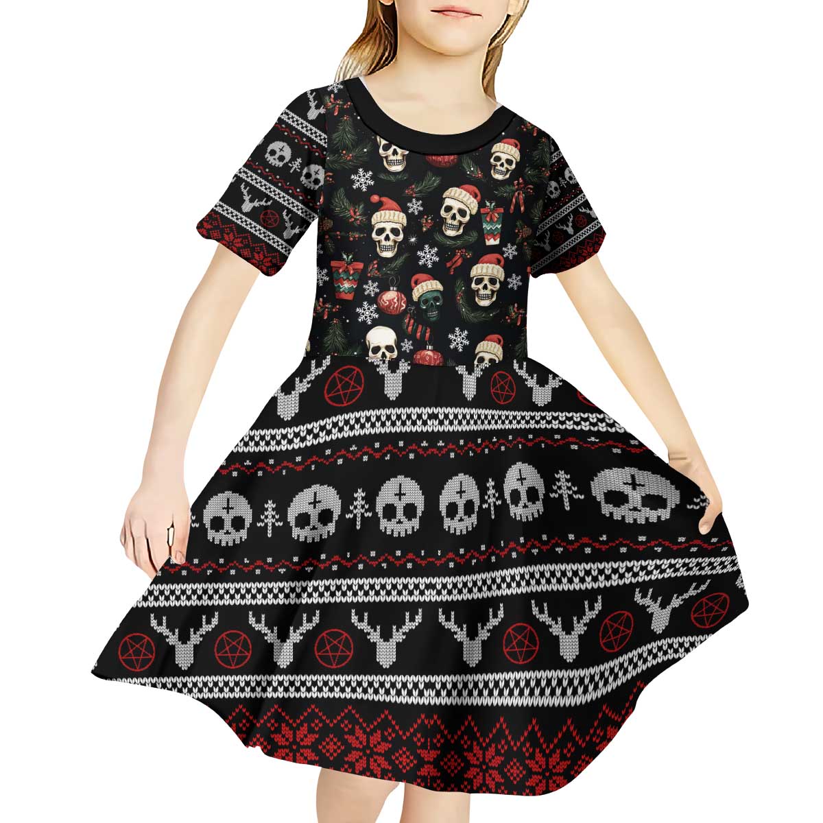 Skull Face Christmas Kid Short Sleeve Dress Xmas Holiday Patterns - Wonder Print Shop
