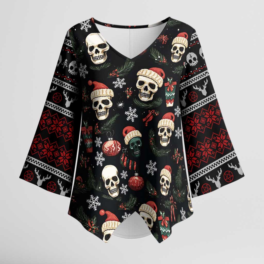 Skull Face Christmas Kimono Sleeve Blouse Xmas Holiday Patterns - Wonder Print Shop