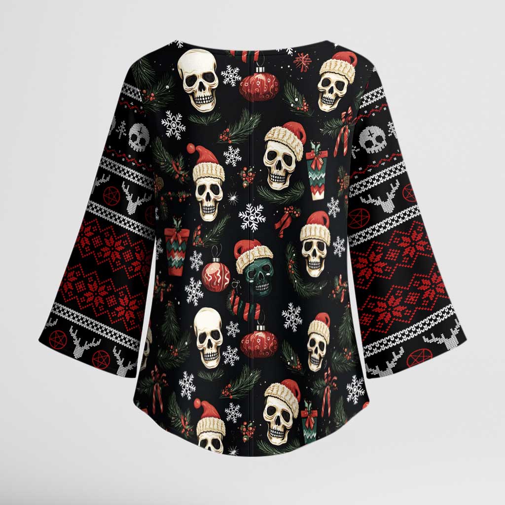 Skull Face Christmas Kimono Sleeve Blouse Xmas Holiday Patterns - Wonder Print Shop