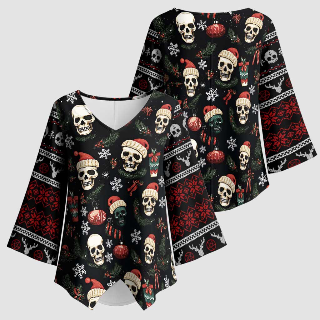 Skull Face Christmas Kimono Sleeve Blouse Xmas Holiday Patterns - Wonder Print Shop