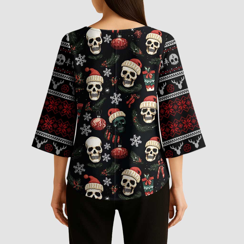 Skull Face Christmas Kimono Sleeve Blouse Xmas Holiday Patterns - Wonder Print Shop